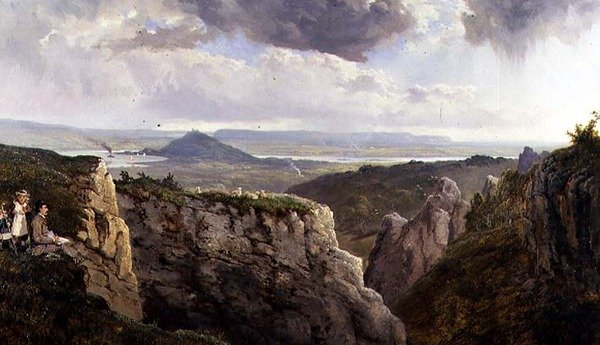 Az Elbor-sziklák Glastonbury felé nézve, E.J. Niemann művészével, A.F. de Prades festménye. alkotó: Edmund John Niemann