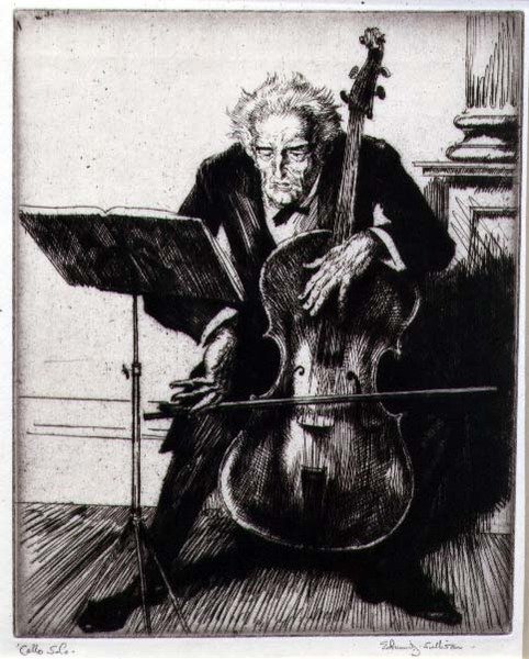Cselló szóló (rézkarc) alkotó: Edmund Joseph Sullivan