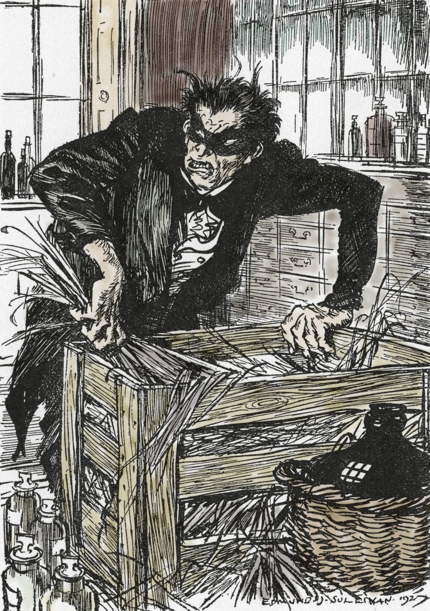Dr. Jekyll kétségbeesetten keresi a porokat, amelyek lehetővé teszik számára, hogy megzavarja Mr. Hyde karakterét, Illusztráció: Edmund Joseph Sullivan (1869-1933) a L