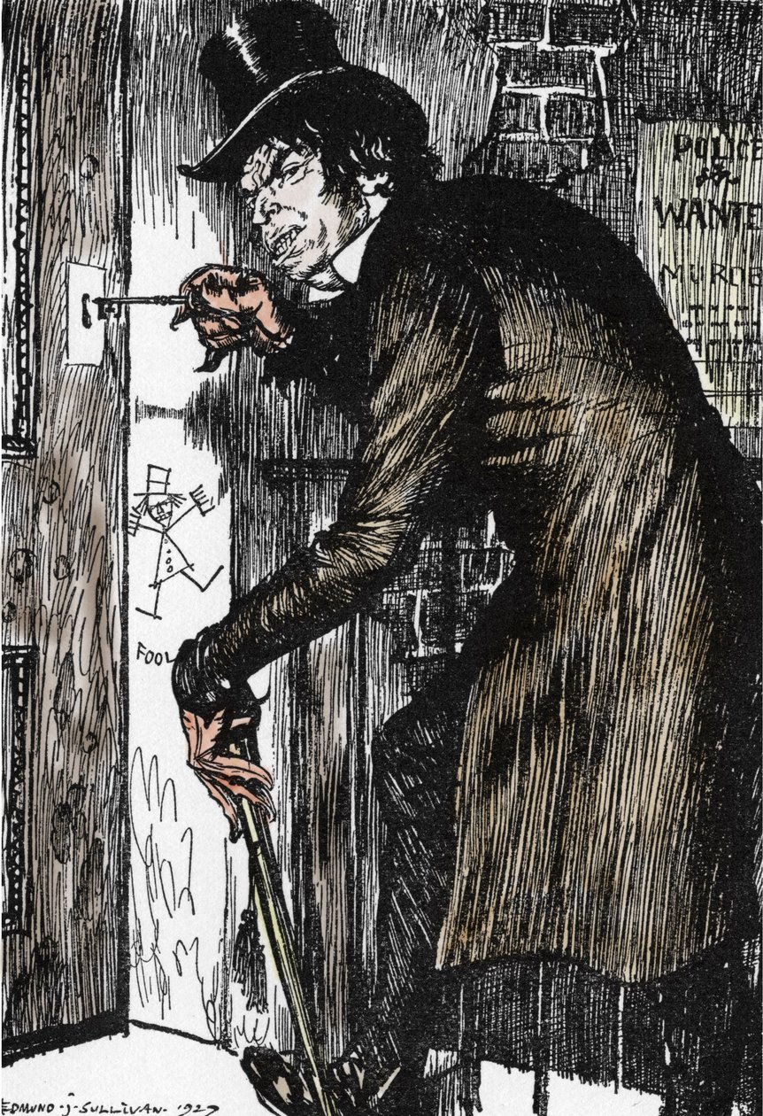 Mr. Hyde egy kalandokkal teli éjszaka után hazatér, hogy megszerezze az ellenszert, és újra felbukkanjon Dr. Jekyll, Illusztráció: Edmund Joseph Sullivan (1869-1933) a L