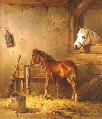 Kanca és csikó egy istállóban (olaj, vászon) alkotó: Edmund Mahlknecht