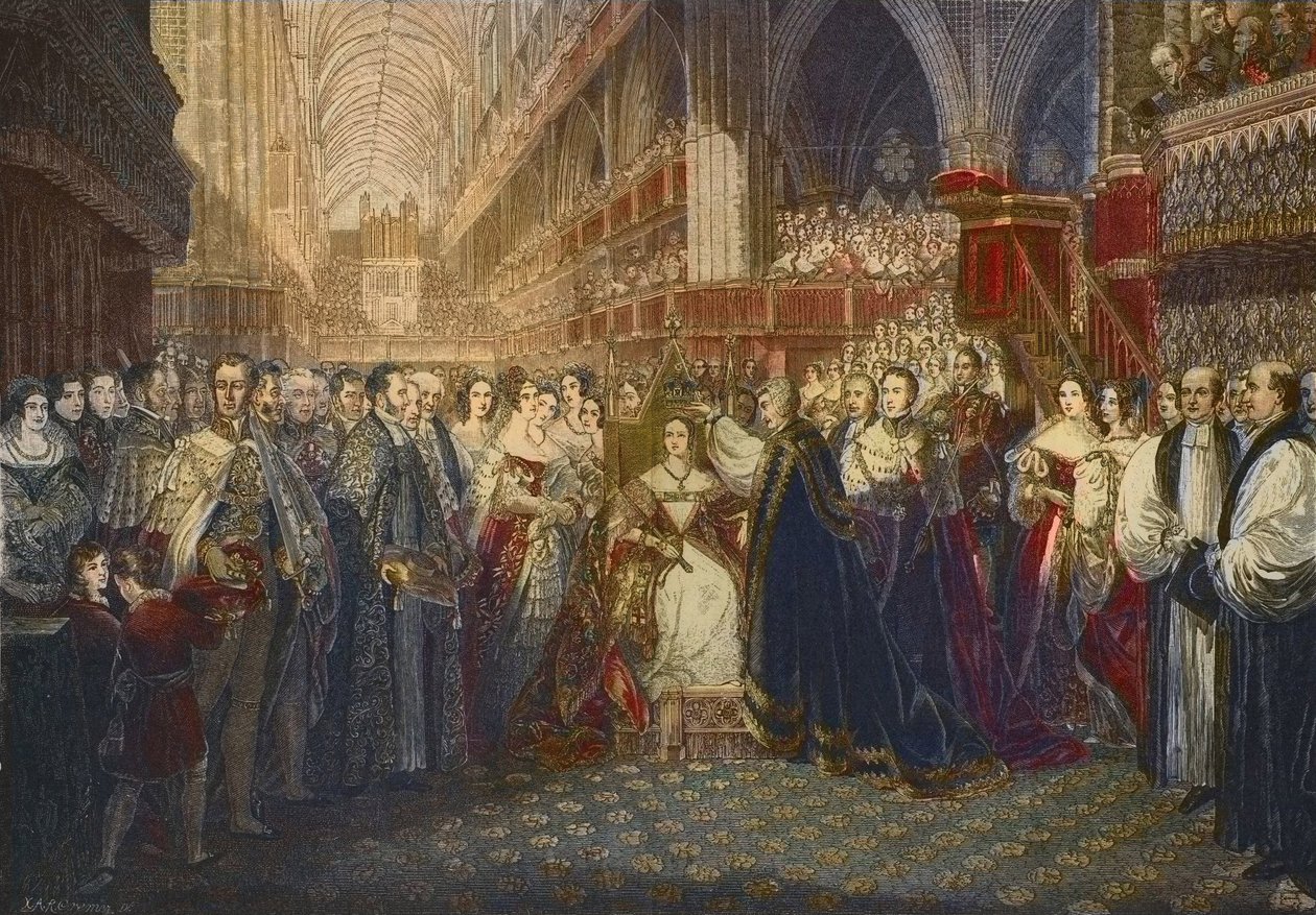 Viktória királynő koronázása a londoni Westminster Abbeyben 1838. június 28-án – Viktória királynő, Nagy-Britannia és Írország királynője (1819-1901) megkoronázása a Westminster Abbeyben alkotó: Edmund Thomas (after) Parris