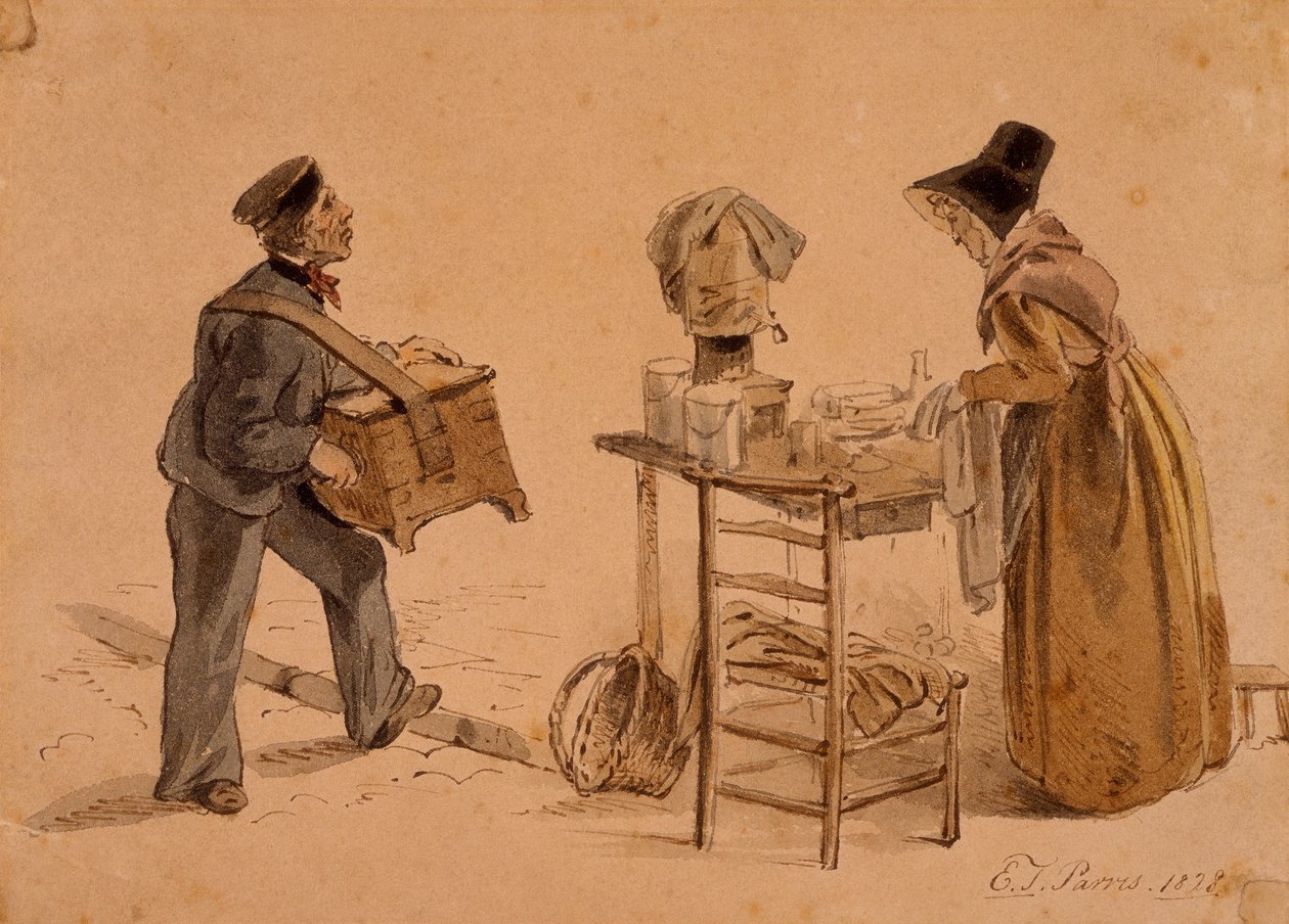 Egy férfi hordóorgonával és kávéárussal, 1828 alkotó: Edmund Thomas Parris