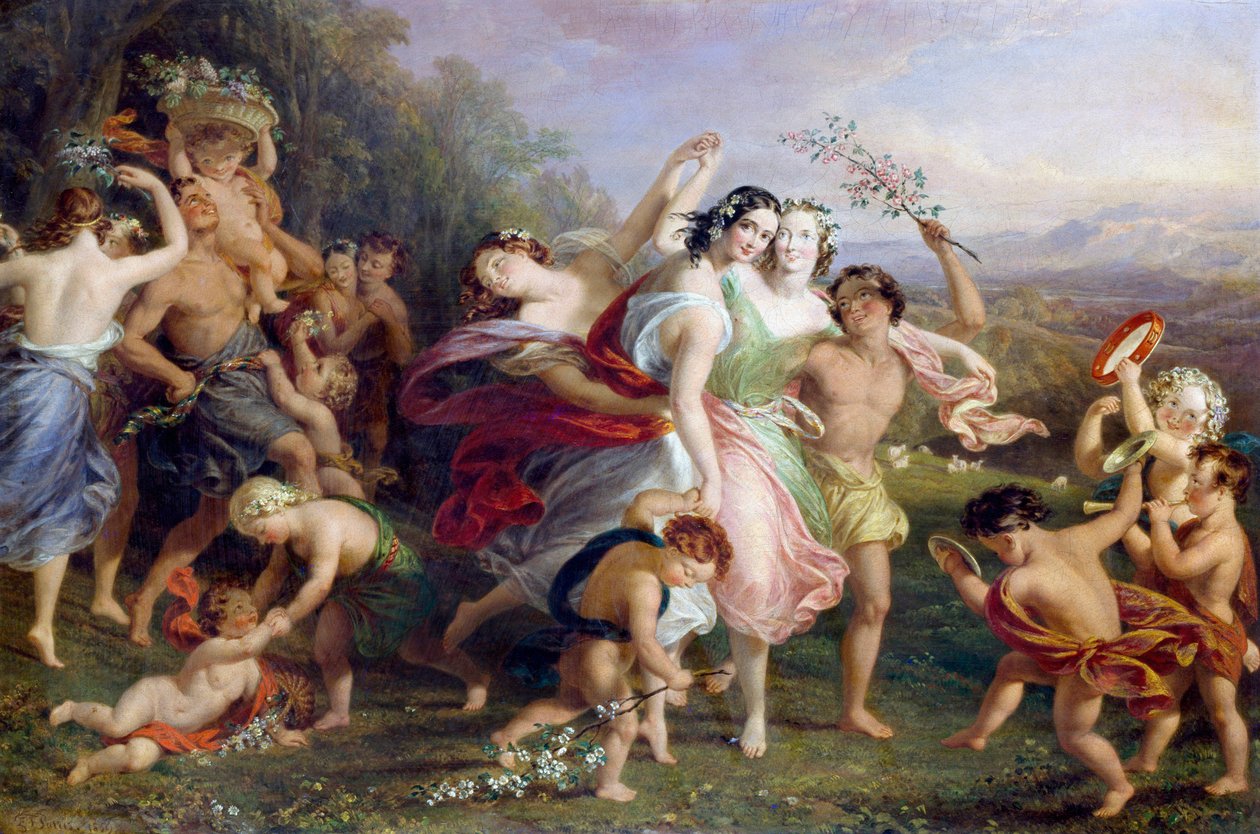"Matinee de mai" Tánc és körjáték erdei figurák, virágkoszorúba öltözött gyerekek. Edmund Thomas Parris (1793-1873) 1859-es festménye. alkotó: Edmund Thomas Parris