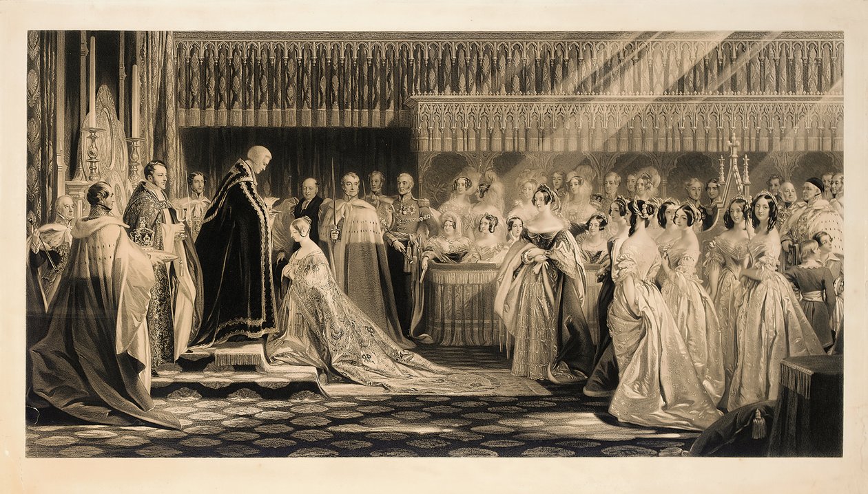 Őfelsége Viktória királynő megkoronázása a Westminster-apátságban, 1838. június 28-án, vésette Charles Edward Flagstaff alkotó: Edmund Thomas Parris