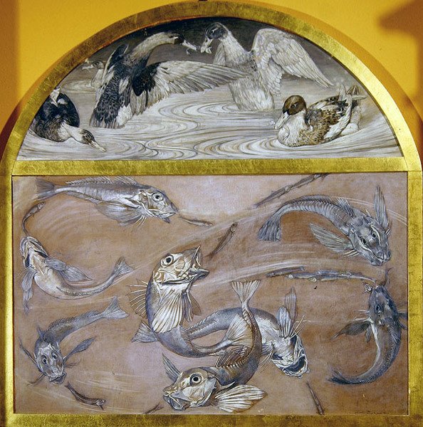 Diptichon: Halak és kacsák a tóban (tempera a kártyán) alkotó: Edoardo Gioja