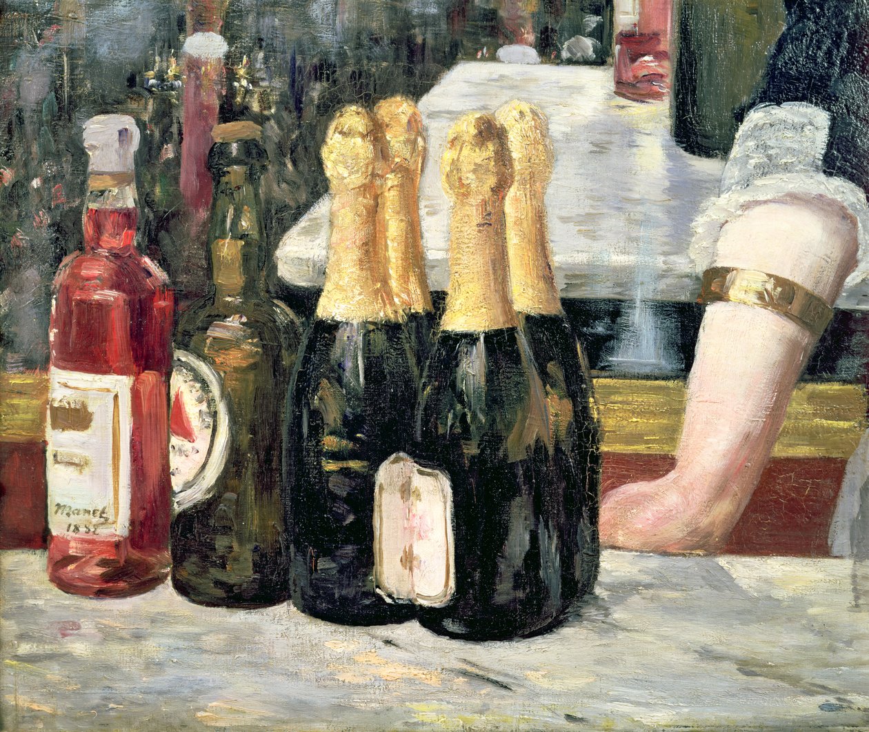 Egy bár a Folies-Bergerében, a palackok részlete a bal oldalon, 1881-82 alkotó: Édouard Manet
