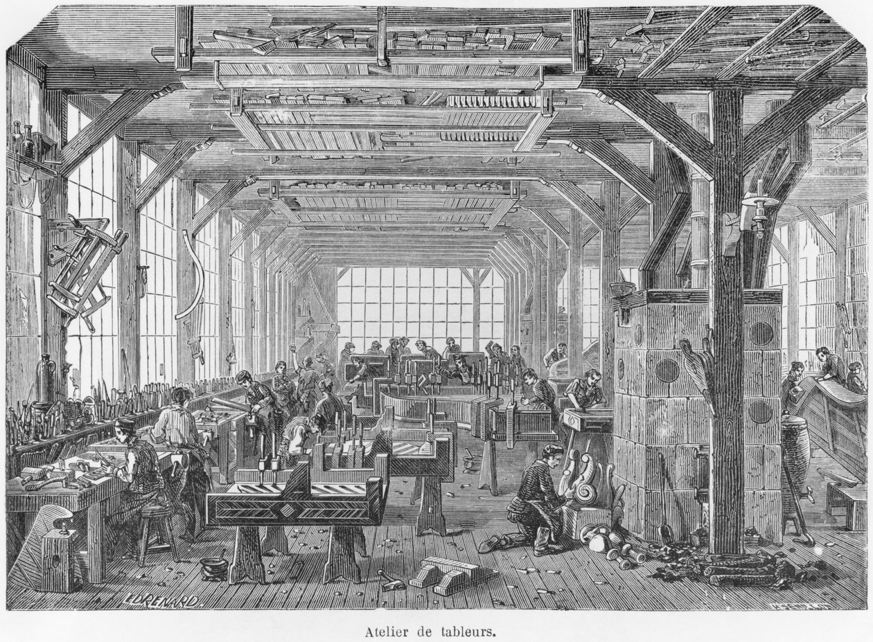 Pleyel zongorakészítők műhelye a Második Birodalom idején, Julien Turgan „Les Grandes Usines” illusztrációja, 1880 körül alkotó: Edouard Renard