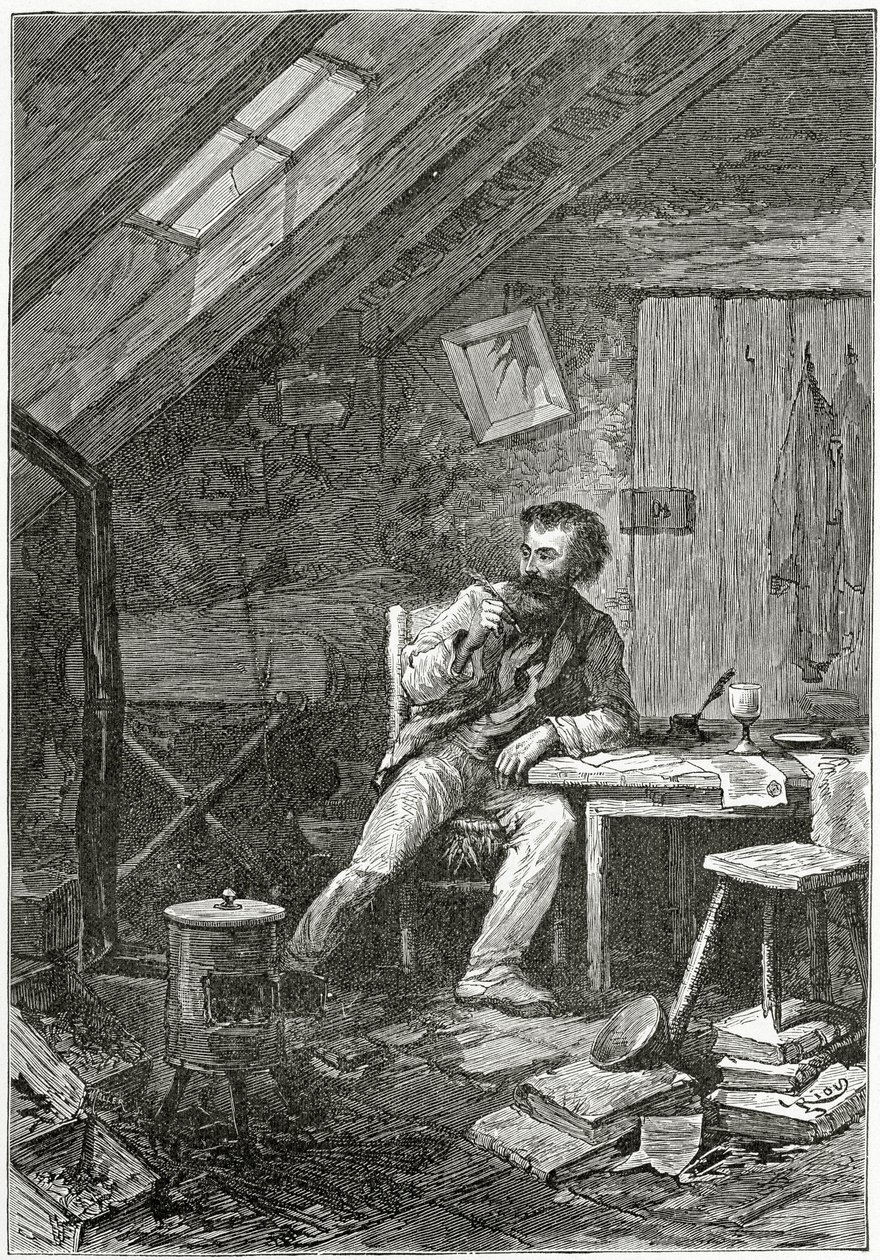 Dans le Grenier, 19. század (színes metszet) alkotó: Edouard Riou