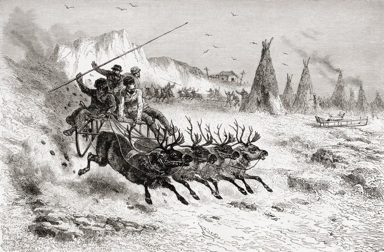 Caborovai szamojédek rénszarvasok által húzott szánon, 1878 alkotó: Edouard Riou
