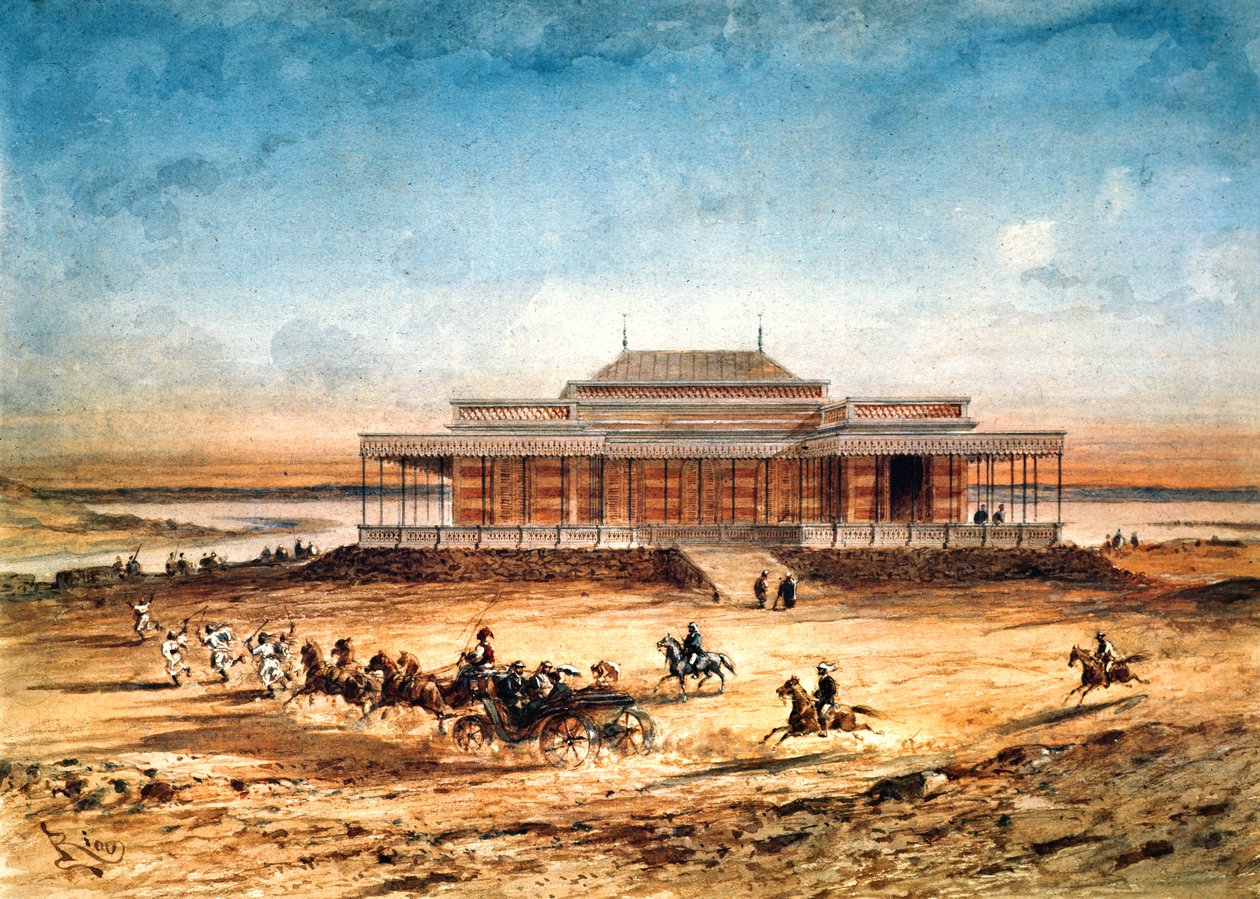 Eugenie császárnő a Szuezi-csatorna 1869-es felavatására utazik, egy emlékalbumból, 1869 alkotó: Edouard Riou