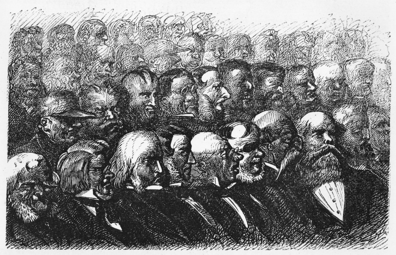 A Londoni Királyi Földrajzi Társaság tagjai, illusztráció Jules Verne (1828-1905) „Öt hét léggömbben” című művéből, Paris, Hetzel alkotó: Edouard Riou