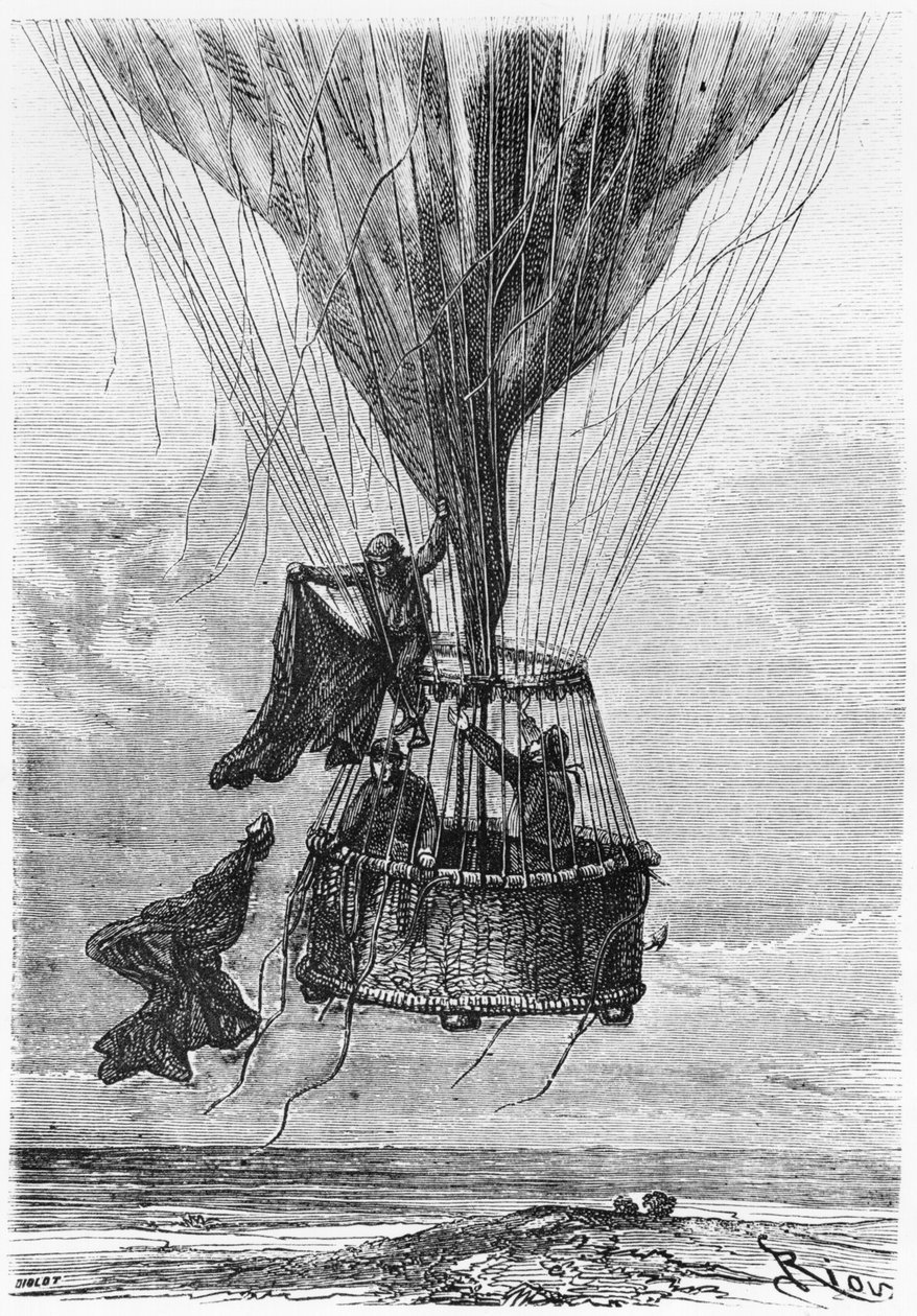 Három férfi a gondolában, illusztráció: Jules Verne (1828-1905) „Öt hét léggömbben” alkotó: Edouard Riou
