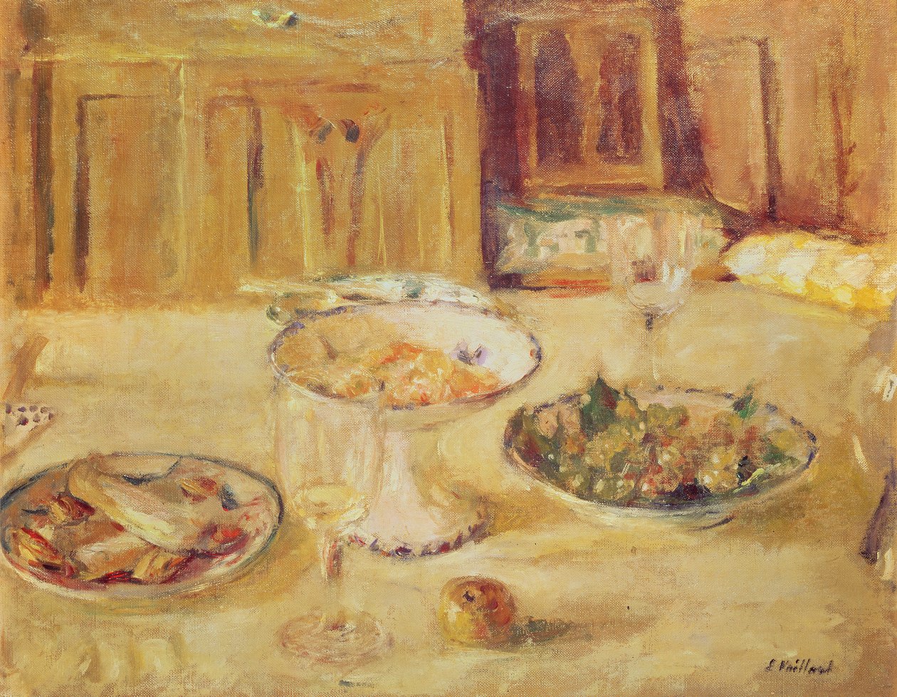 Tál gyümölcs és keksz és borospohár alkotó: Edouard Vuillard