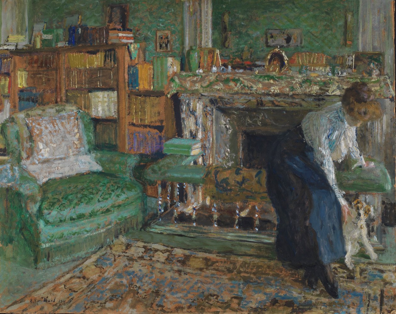 Marguerite Chapin lakásában a kutyájával, 1910 (olaj, malomdeszka) alkotó: Edouard Vuillard