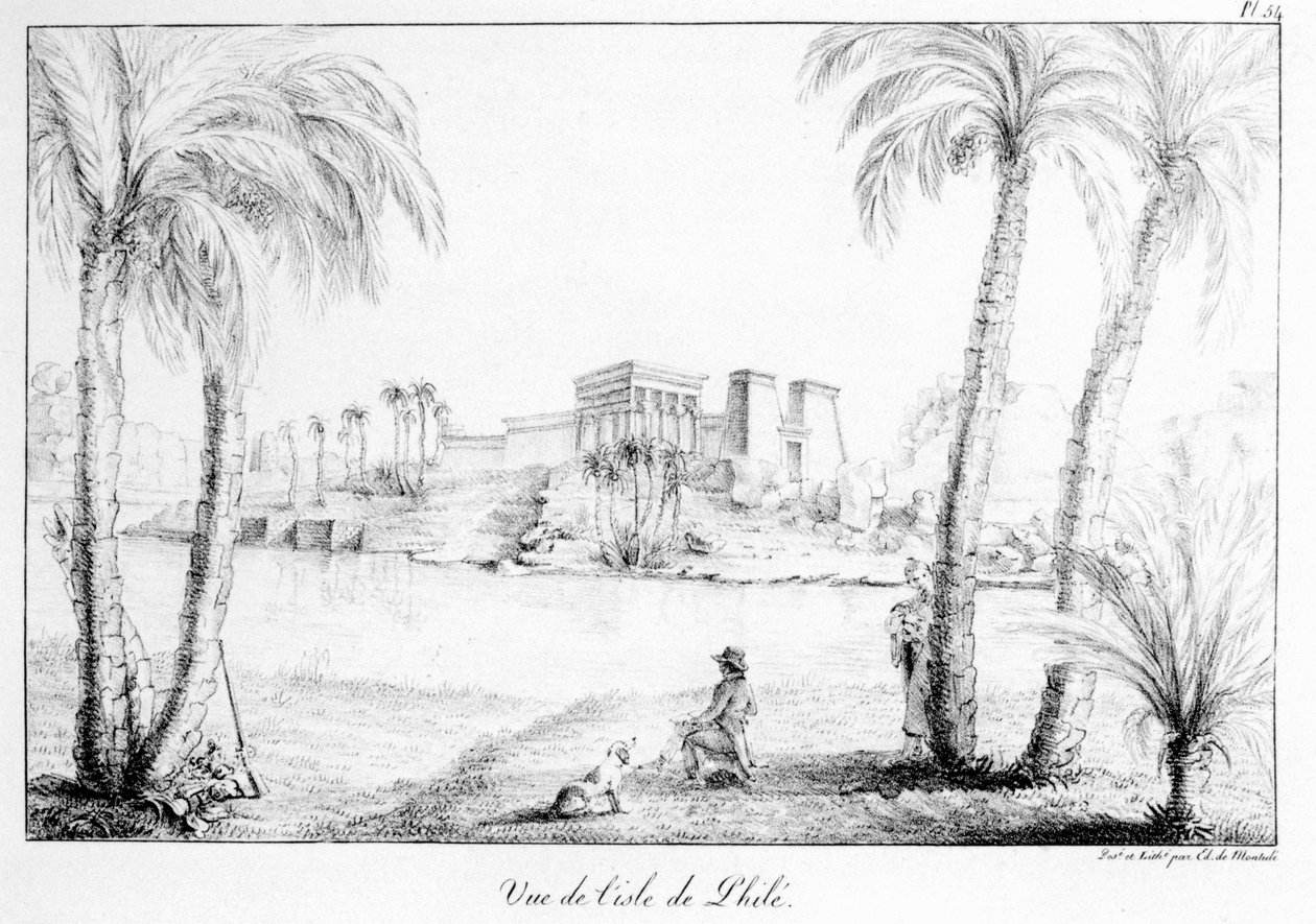 Philae szigete a művész 1816-21-es amerikai, olaszországi, szicíliai és egyiptomi utazási térképeinek és képeinek gyűjteményéből alkotó: Edouard de Montule