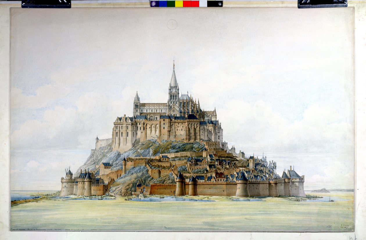 Mont Saint-Michel helyreállítási projektje (déli oldal), 1875. március (wc papíron) alkotó: Edouard Jules Corroyer