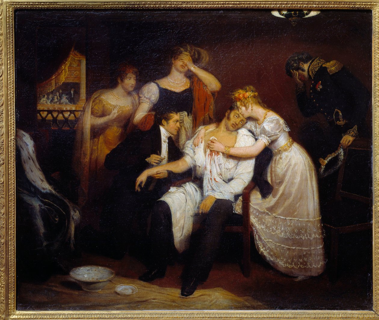 Berry hercegének halála (1778-1820) 1820.02.13. a Királyi Zeneakadémián XVIII. Lajos király unokaöccsét az Operában meggyilkolta a republikánus Louvel, aki a királyi dinasztiát akarta kioltani. Francois Cibot (1799-1877) festménye 1829 V. 0,4 alkotó: Edouard  Cibot