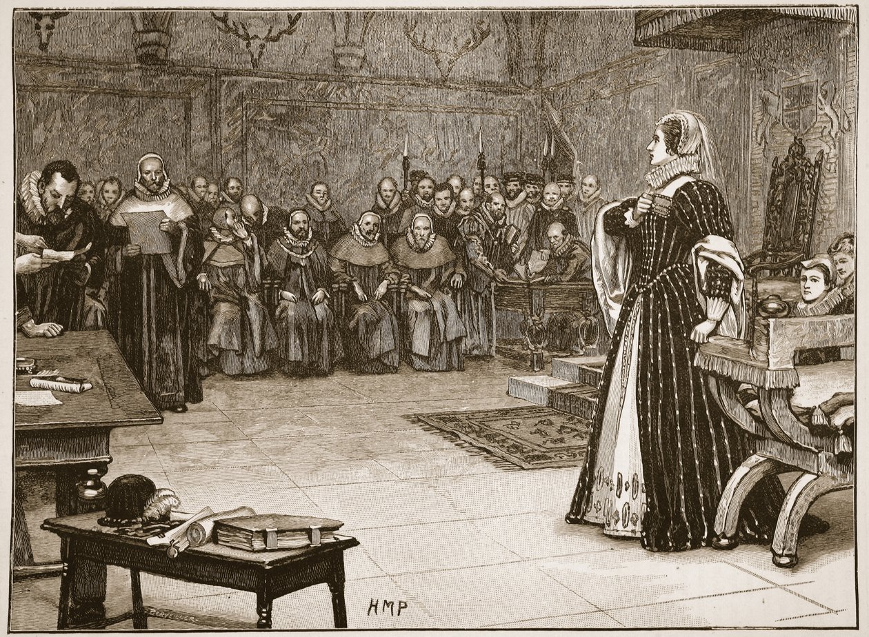 Mária skót királynő per a Fotheringhay kastélyban, illusztráció a „Cassell illusztrált angliai történelméből” (szépia fotó) alkotó: Edouard Berveiller