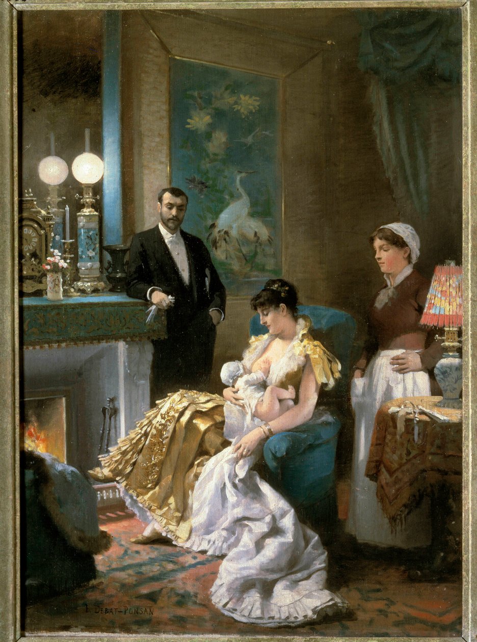 A bál előtt Egy estélyi ruhás anya a mellbe eteti a babáját, mielőtt kimenne a férjével, és a szobalányra hagyja. Edouard Debat Ponsan (1847-1913) festménye. 1886. Szépművészeti Múzeumi túrák alkotó: Edouard Debat Ponsan