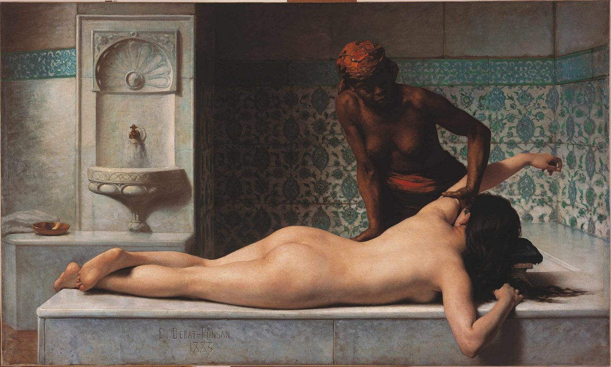 Masszázs, hammam jelenet, 1883. alkotó: Edouard Debat Ponsan