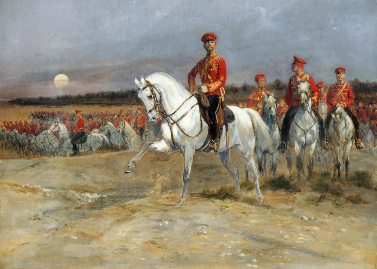 Tsarevics Miklós áttekinti a csapatokat alkotó: Jean Baptiste Edouard Detaille