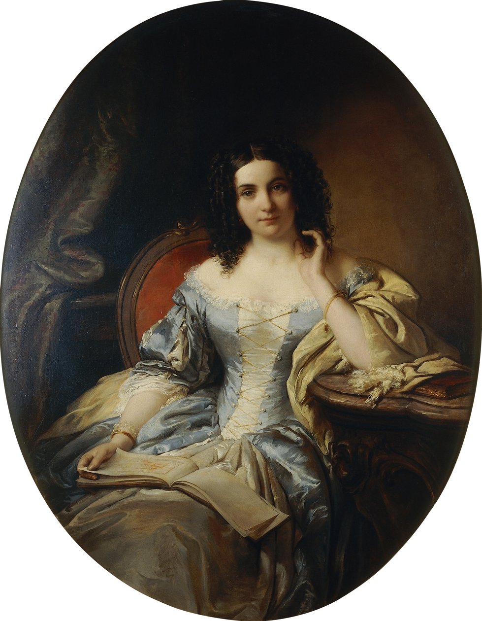 Kék-fehér ruhás ülő hölgy portréja; Ülő hölgy portréja kék-fehér ruhában, 1853 alkotó: Edouard Ender
