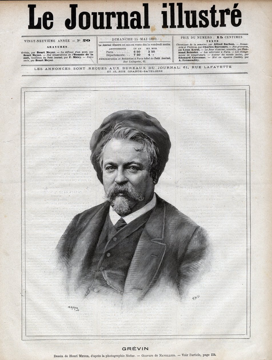 Alfred Grevin (1827-1892) szobrász, karikaturista, karikaturista, karikaturista és francia színházi jelmezek tervezője – Navellier metszete Nadar fotója után az 1892-es „The Illustrous Journal”-ban alkotó: Edouard Felicien Eugene Navellier