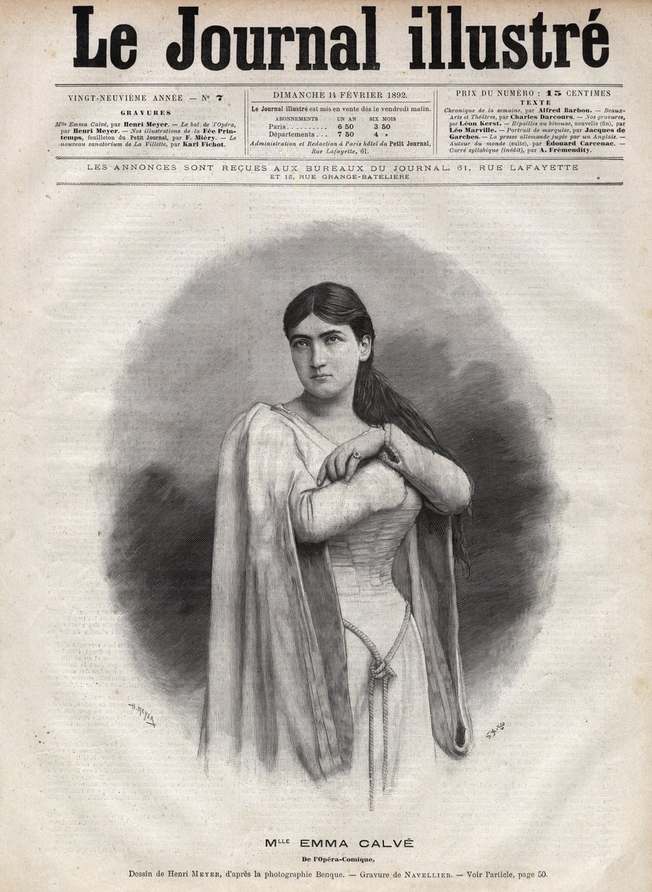 Emma Calve portréja (Rosa Noemie Emma Calvet de Roquet) (1858-1942), francia szoprán – Navellier metszete az 1892-es „The Illustrous Journal”-ban alkotó: Edouard Felicien Eugene Navellier