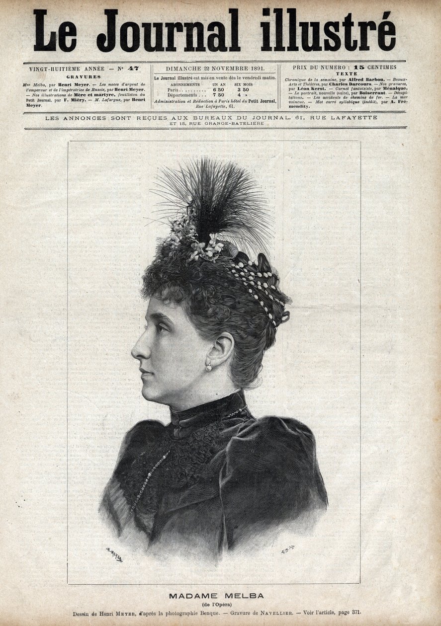 Nellie Melba (Helen Porter Mitchell) (1861-1931), ausztrál szoprán portréja – Navellier metszete az 1891-es „The Illustrous Journal”-ban alkotó: Edouard Felicien Eugene Navellier