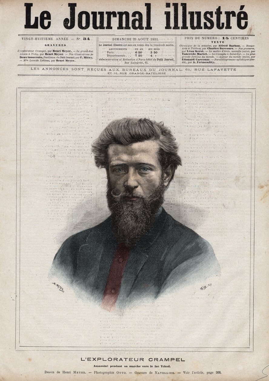 Paul Crampel (1864-1891), Közép-Afrika francia felfedezőjének portréja – Navellier metszetei az 1891-es „A jeles naplóban” alkotó: Edouard Felicien Eugene Navellier