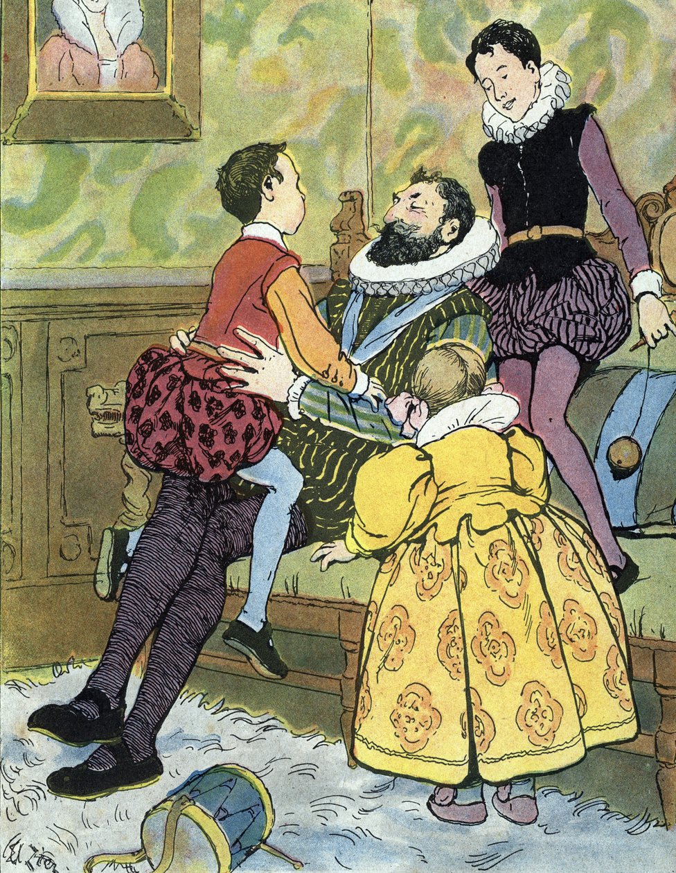 IV. Henrik francia király gyermekeivel játszik (1553-1610) Edouard Zier illusztrációja a „Nos-Gloriers-Nationales” című könyvben, 1920-as gyűjteményi díj alkotó: Edouard Francois Zier