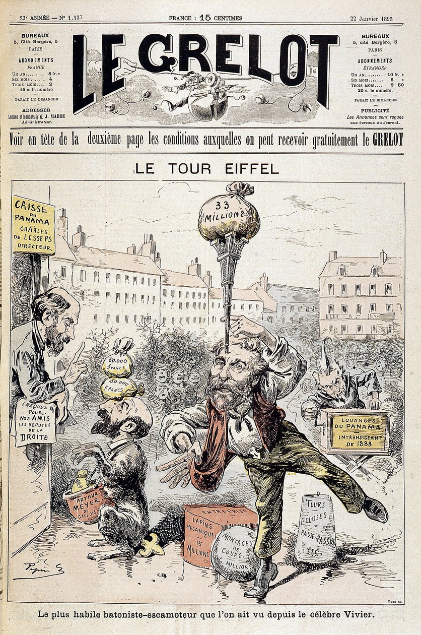 Karikatúra a pénzügyi botrányokról "" Az Eiffel-torony: a legügyesebb pálcás - visszahúzó a híres Vivier óta"". Január 22-i „” Le Grelot” borító alkotó: Edouard Guillaumin Pepin