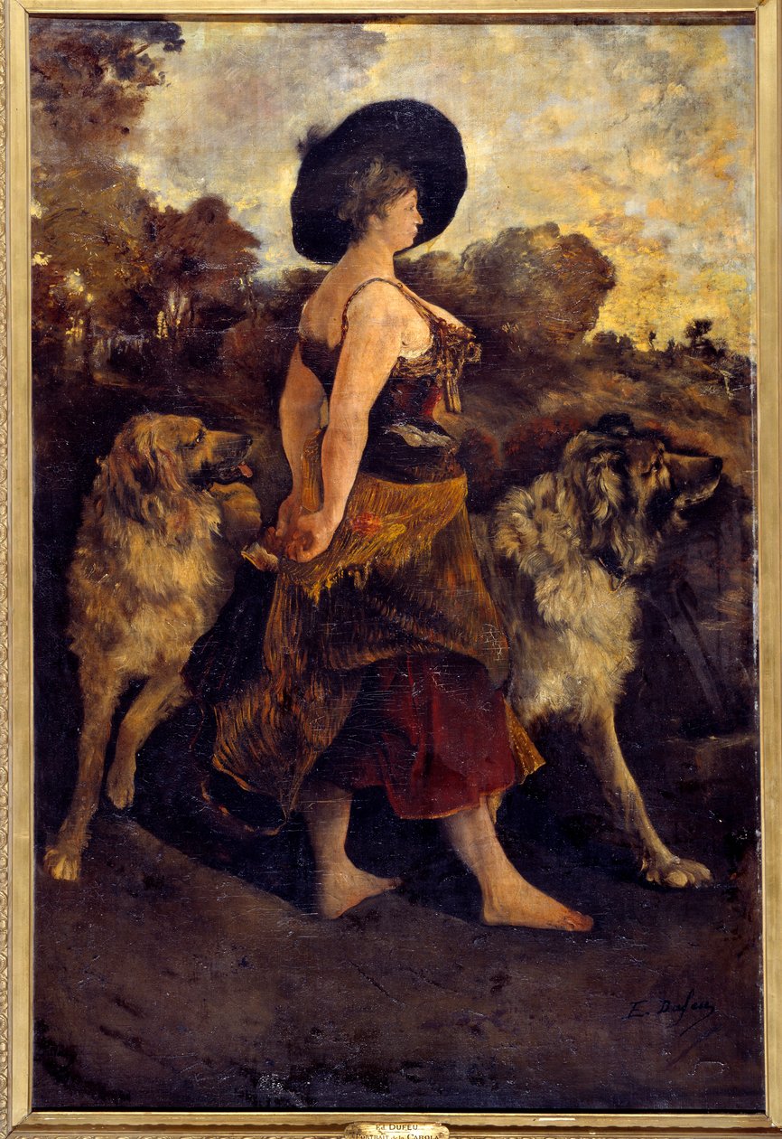 La Carola Cigány a kutyáival. Edouard Jacques Dufeu (1840-1900) festménye 1878 alkotó: Edouard Jacques Dufeu