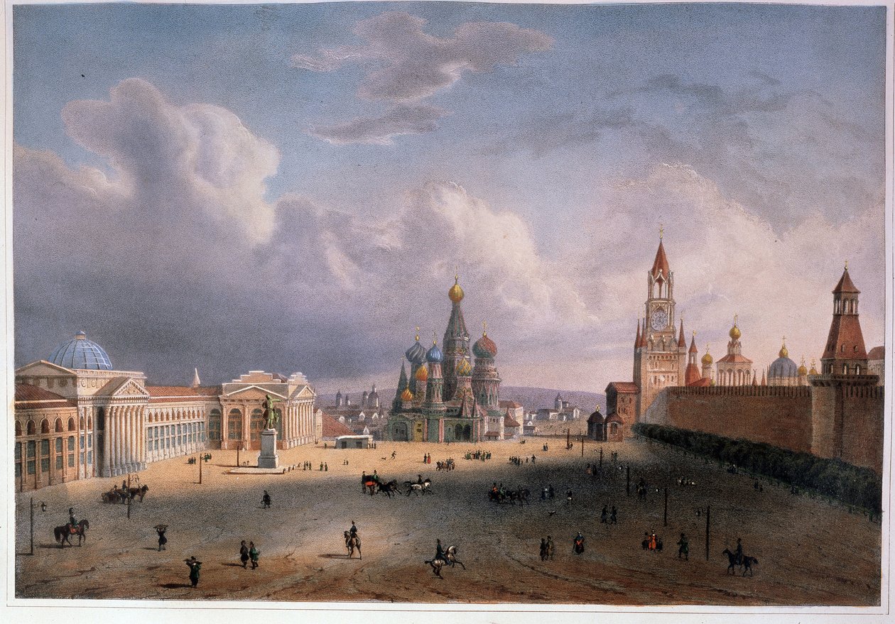Kilátás a Vörös térre Moszkvában (Oroszország). Edouard Jean Marie Hostein (1804-1889) munkája, akvarellel színezett litográfia, 1830 körül, 19. századi francia művészet. A. Puskin Emlékmúzeum, Szentpétervár. alkotó: Edouard Jean Marie Hostein