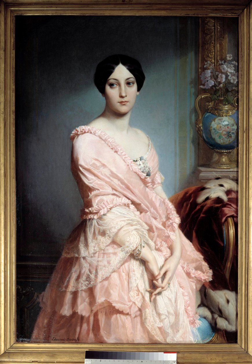 Madame F. portréja Edouard Dubufe (1820-1883) festménye. 19. század. Homályos. 1,3x0,89 m. Párizs, Musee d