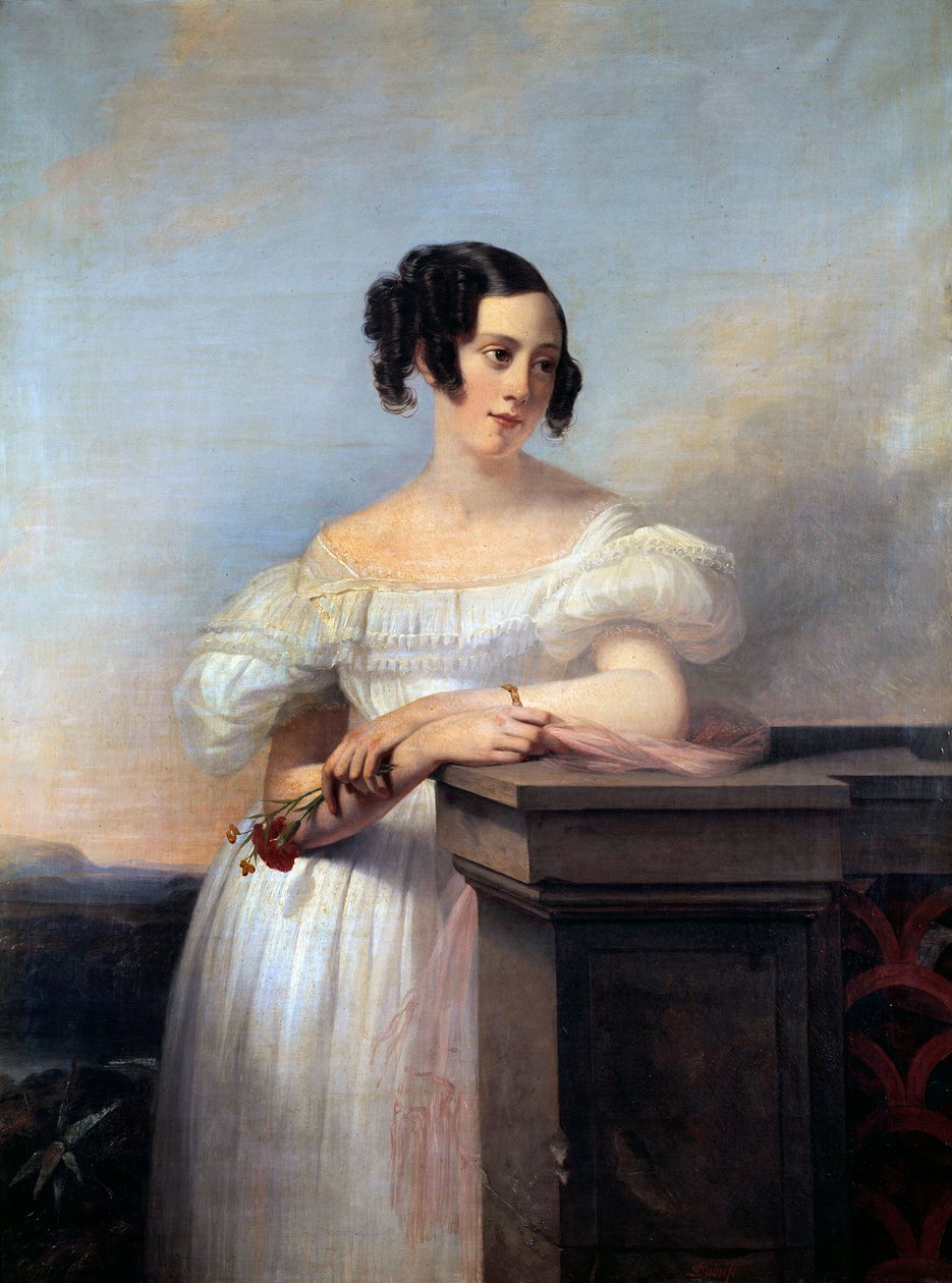 Egy szegfűs lány portréja Edouard Louis Dubufe festménye (1820-1883) 19. századi Rouen, Musee des Beaux Arts alkotó: Edouard Louis Dubufe