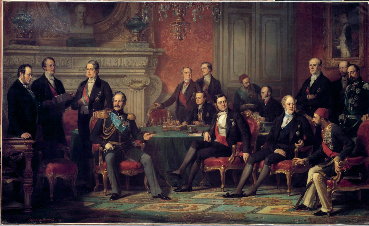 Az 1856. február 25-től március 30-ig tartó párizsi kongresszus a krími háború végén találkozott III. Napóleon és az európai államok külügyminisztereivel. Edouard Louis Dubufe (1820-1883) festménye. 1856 V. 3,08 x 5,10 m alkotó: Edouard Louis Dubufe