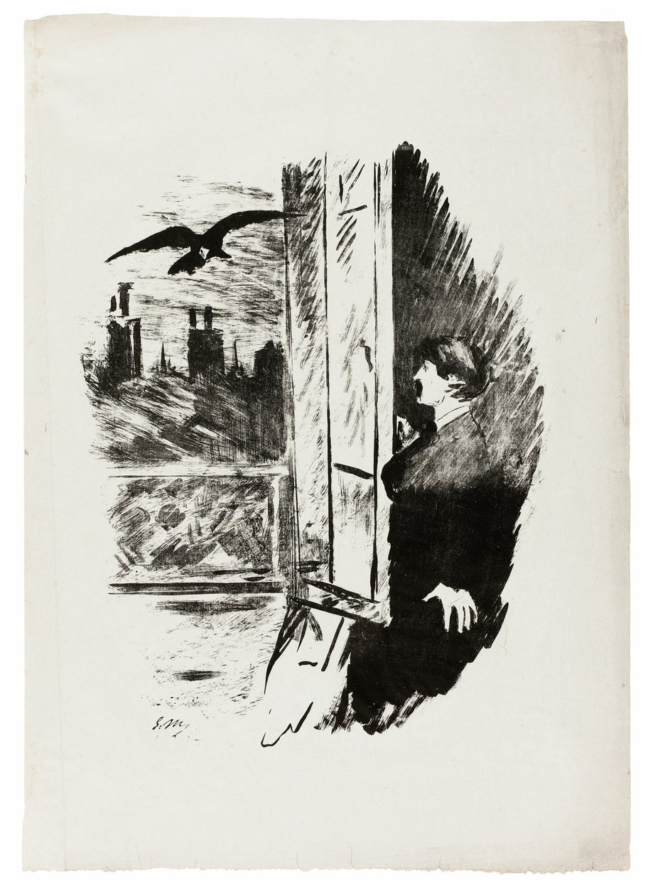 Az ablaknál ("Nyisd ki, kidobtam a redőnyt..."), a Hollóból (Le Corbeau) alkotó: Édouard Manet