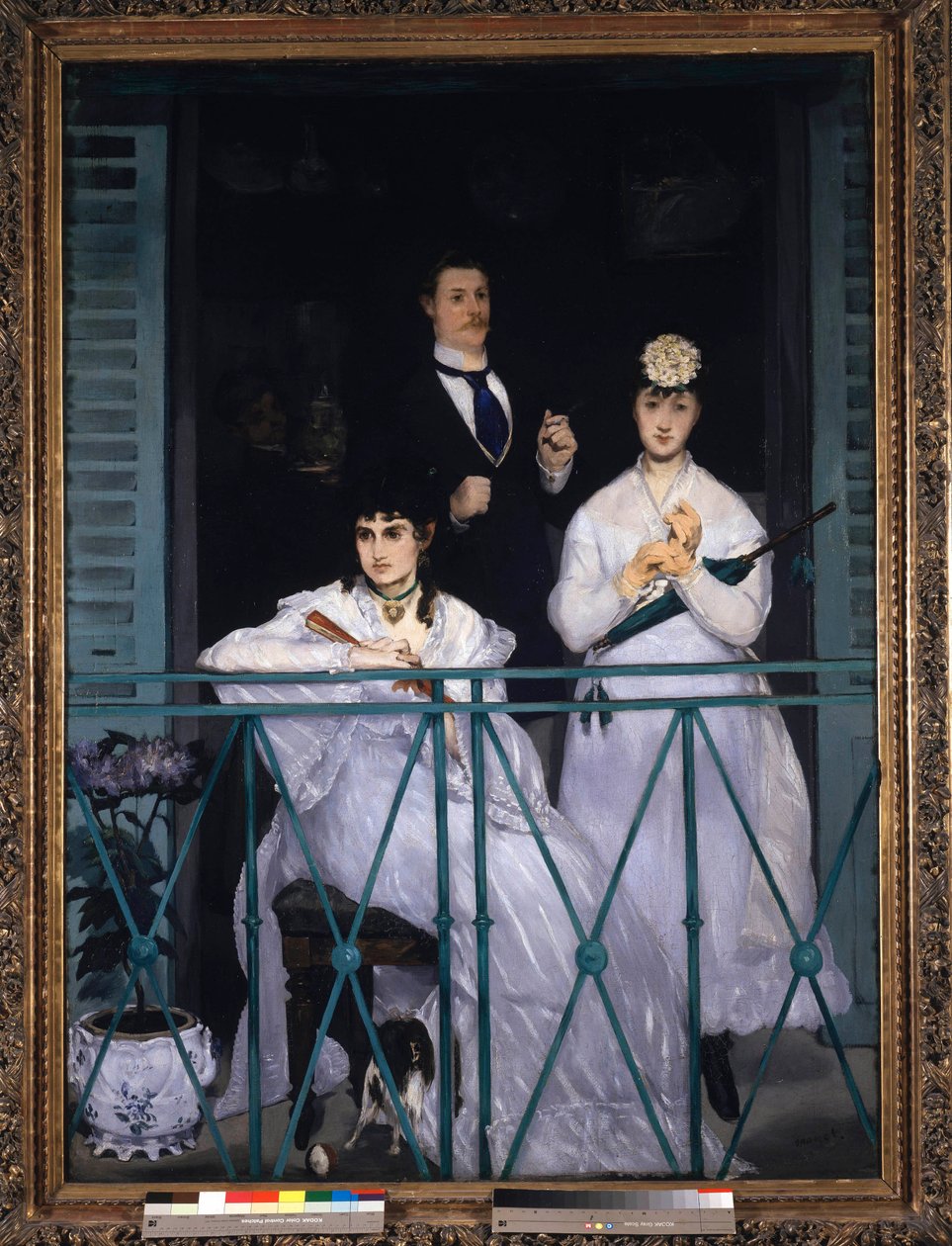 Erkély Két fiatal nő kezében egy legyező és egy esernyő és egy férfi nyakkendővel. Berthe Morisot (1841-1895), francia festő, Fanny Claus (1846-1877), hegedűművész, Antoine Guillemet (1841-1918) tájrendező és Leon Leenhoff portréja. Edoua festménye alkotó: Édouard Manet