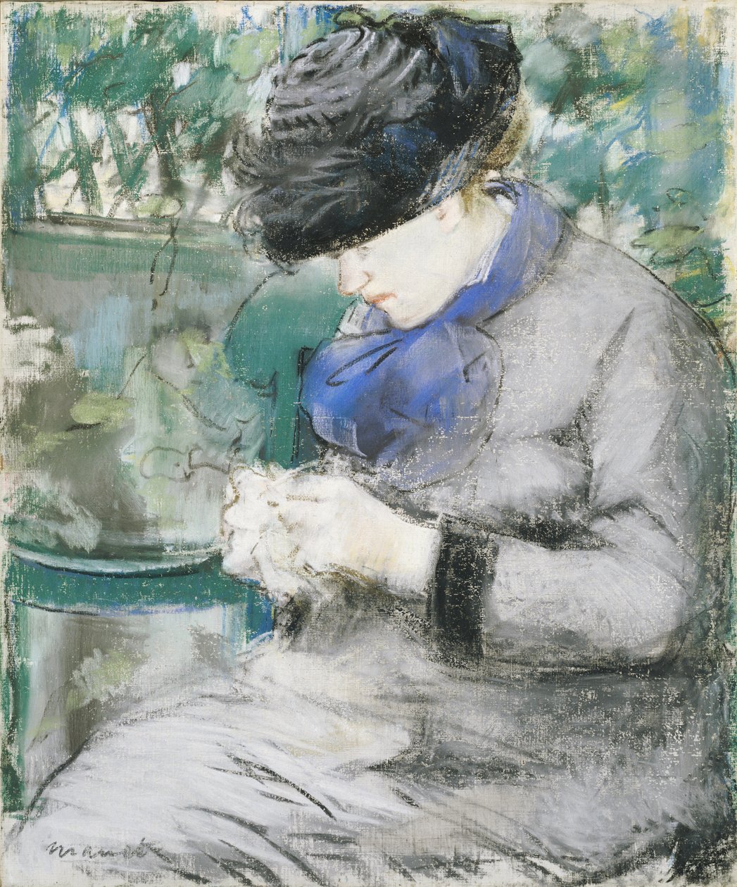 Lány ül a kertben, vagy kötő, 1879 alkotó: Édouard Manet