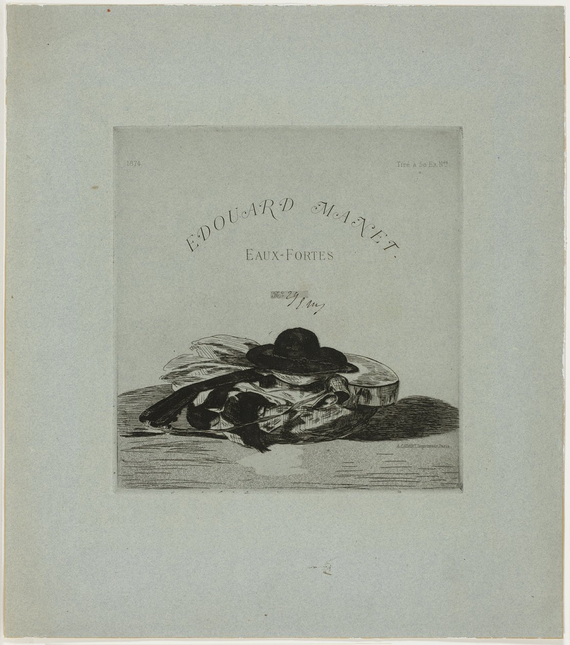 Kalap és gitár, a tizennégy metszetből álló kiadás címlapképe. alkotó: Édouard Manet