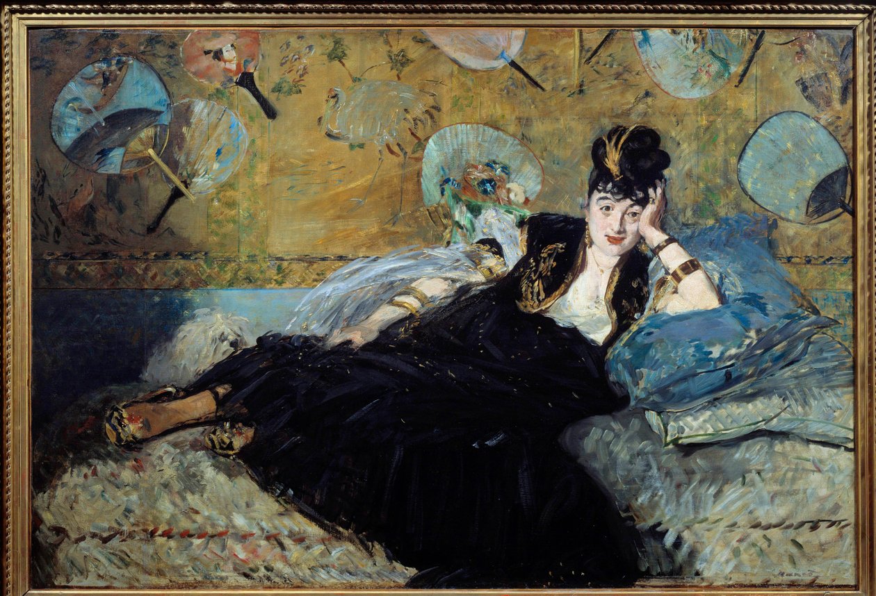 La dame aux eventails ou „” Portré de Nina de Callias (1844-1884) ou Nina de Villard”” Nagyon híres szalont tartott a 19. század végén. Edouard Manet (1832-1883) festménye 1873 V. 1,13x1,66 m Párizs, Muse d