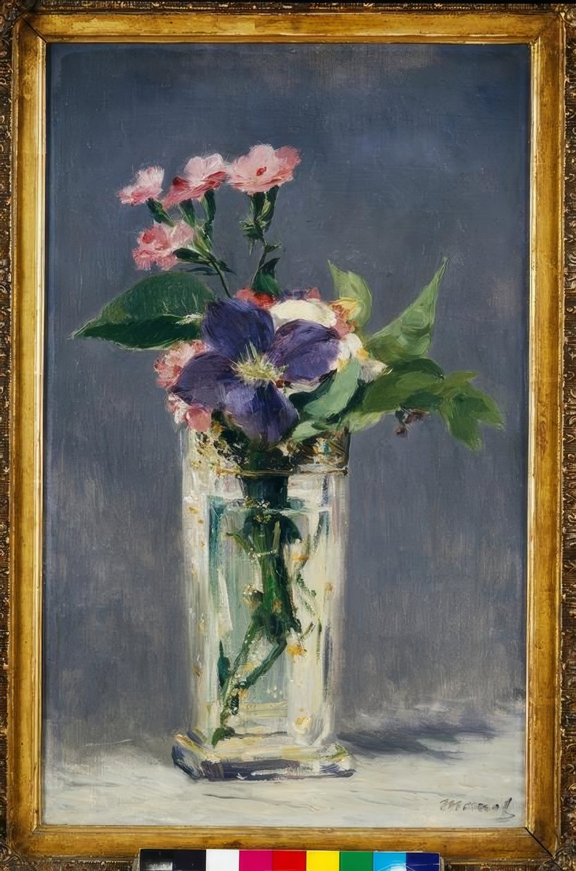 Szegfű és klematisz kristályvázában alkotó: Édouard Manet