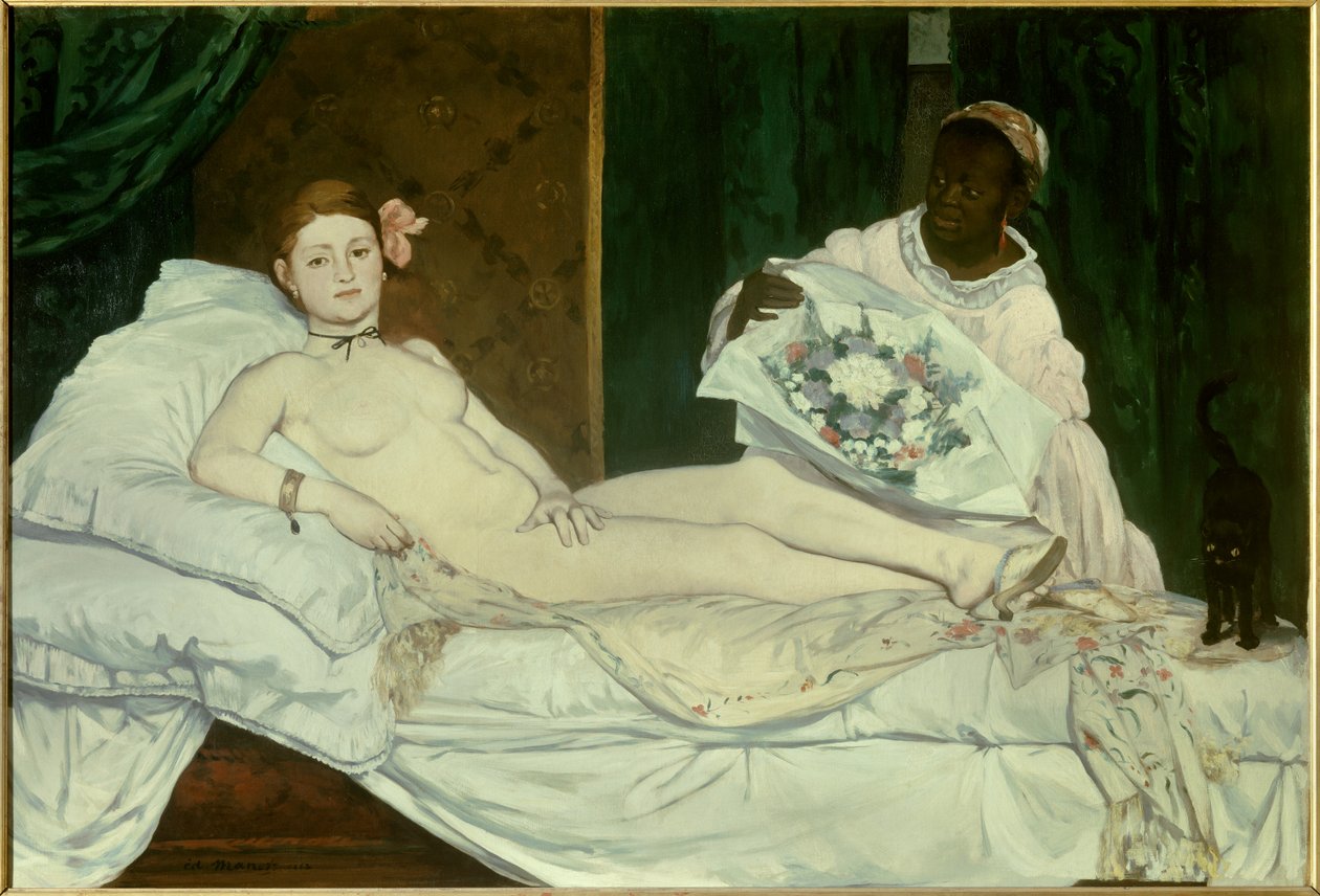 Olympia Fiatal nő meztelenül egy ágyon, fekete szobalánya virágcsokrot hozott neki. Edouard Manet (1832-1883) festménye 1863 V. 1,3x1,9 m Párizs, Muse d