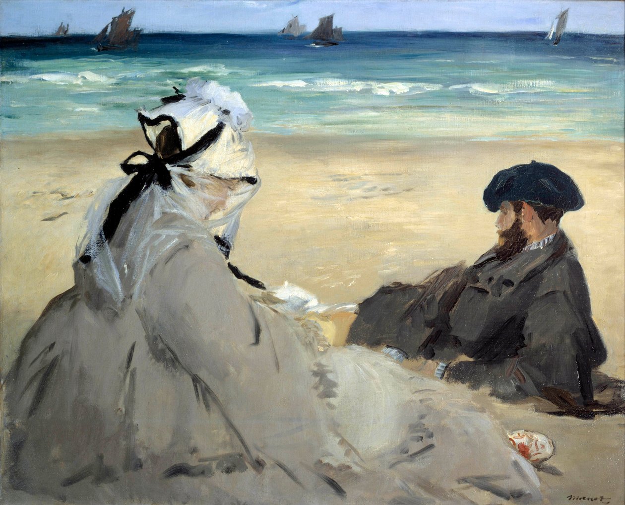 A tengerparton Suzanne Manet, a művész felesége és testvére, Eugene ábrázolása a Berck sur mer strandon (Berck-sur-Mer). Edouard Manet (1832-1883) festménye Ete 1873 V. 0,59x0,73 m Paris musee d