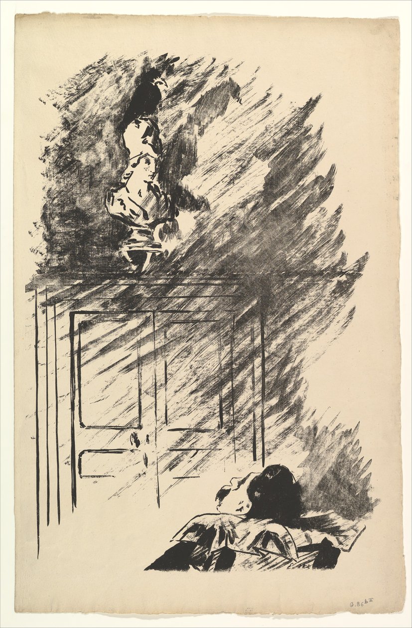Pallas mellszobrán ült. Illusztráció a Hollóhoz, Edgar Allan Poe, 1875. alkotó: Édouard Manet