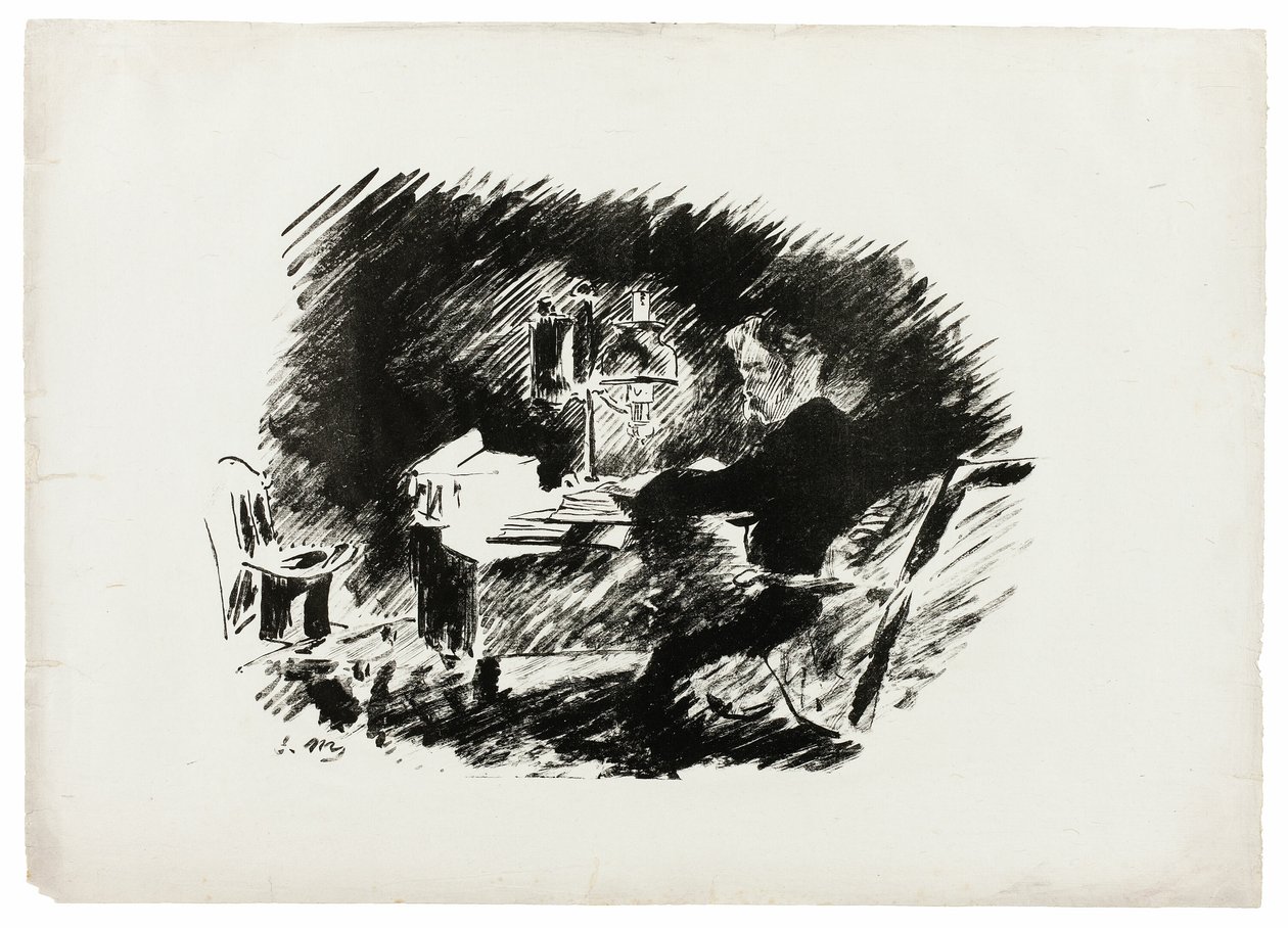 A lámpa alatt ("Egyszer volt, hol nem volt, éjféltájt sivár..."), A hollóból (Le Corbeau) alkotó: Édouard Manet