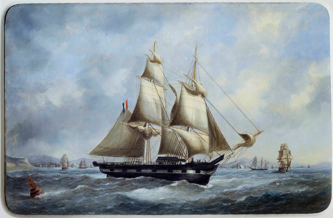 Bresili tégla elhagyja Le Havre Aquarelle kikötőjét, Edouard Adam (1847-1929) 19. századi Párizs, Musee de la Marine alkotó: Edouard Marie Adam