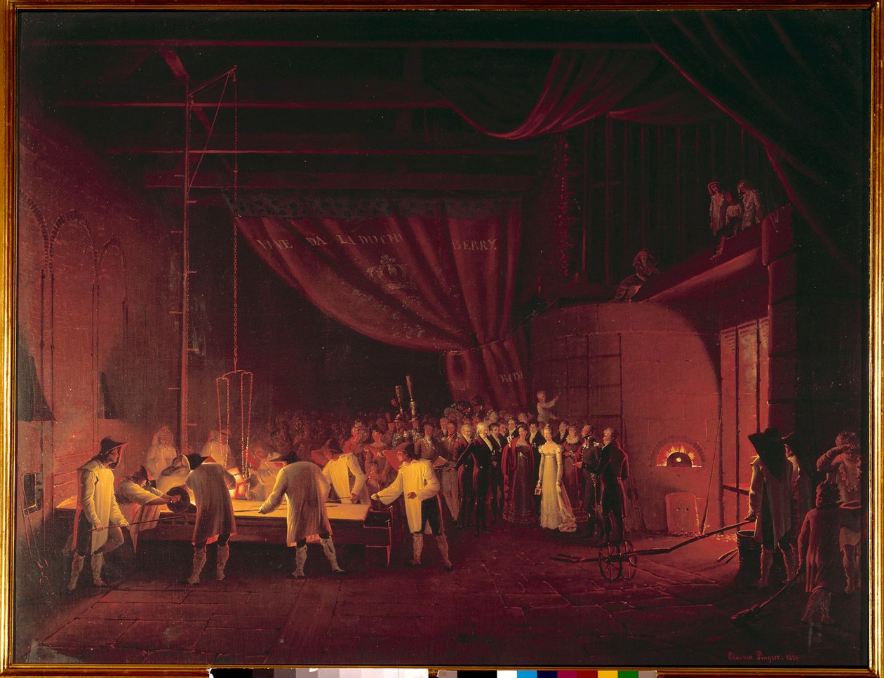 Marie Caroline de Bourbon Szicília, Berry hercegné (1798-1870) 1822-ben meglátogatta Saint Gobain gyárait. A munkások asztali öntést készítettek üvegből. Edouard Pingret (1788-1875) festménye 1824 Magángyűjtemény alkotó: Edouard Pingret
